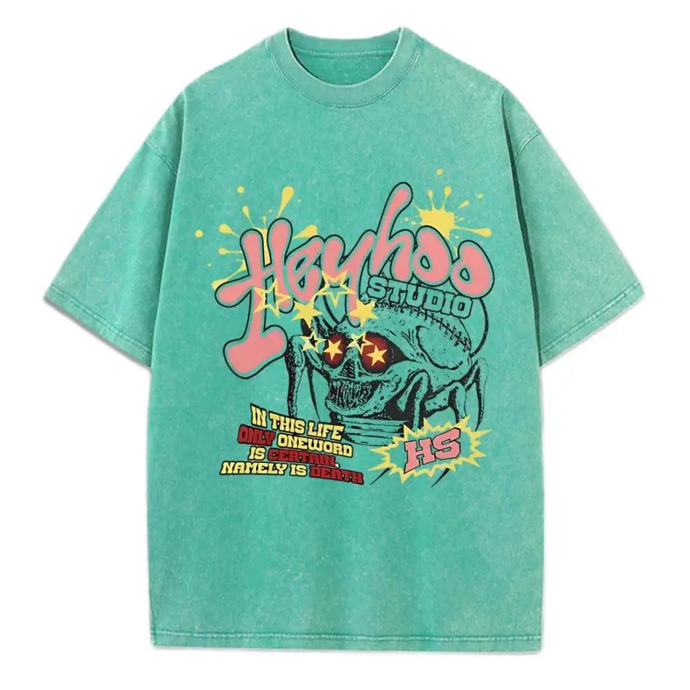 Men’s Skeleton Eyes Golden Stars Oversized Washed Hip-Hop T-Shirt