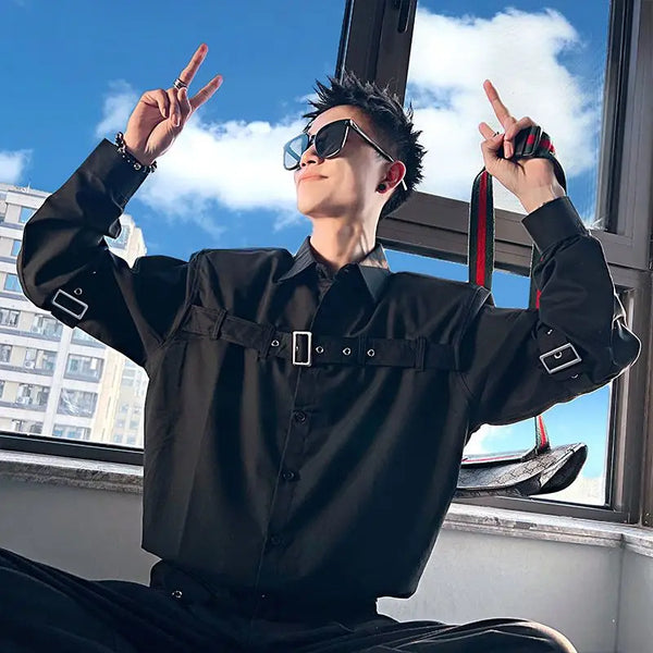 Korean Button Shirt Men Long Sleeve Collar Patchwork Casual