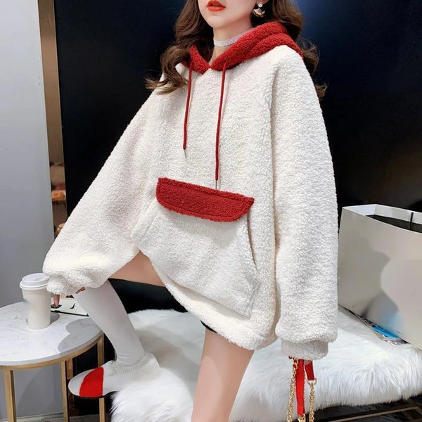 Womens Christmas Fleece Hoodie Big Pocket Patchwork Pullover Warm