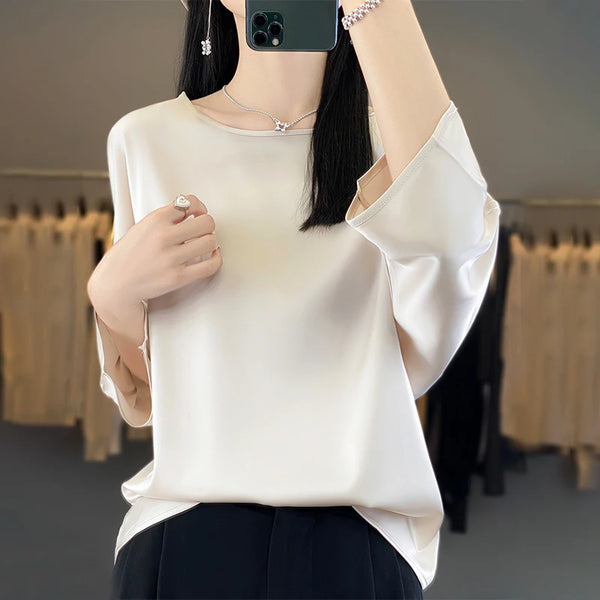 Womens Satin Blouse Three Quarter Sleeve Loose Fit Silk Top