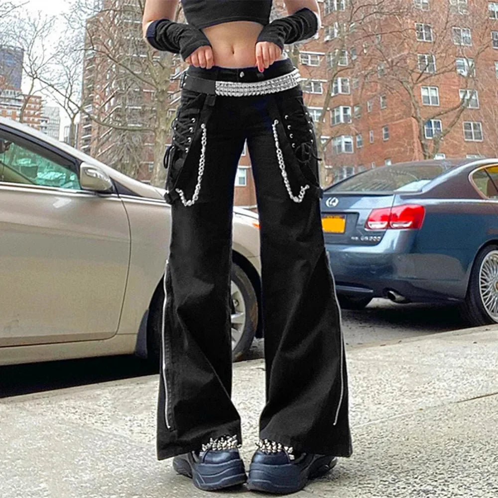 Women’s Gothic Chain Cargo Pants High Waist Punk Streetwear