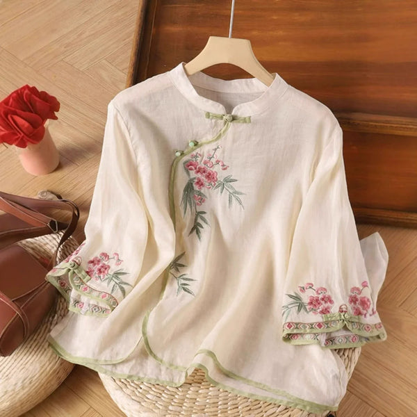 Womens Vintage Embroidered Top Cotton Linen Loose Summer Shirt
