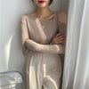 Womens Off Shoulder Knit Tee Y2K Slim Fit Sexy Solid Color Top
