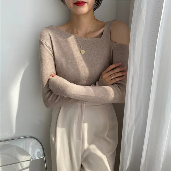 Womens Off Shoulder Knit Tee Y2K Slim Fit Sexy Solid Color Top