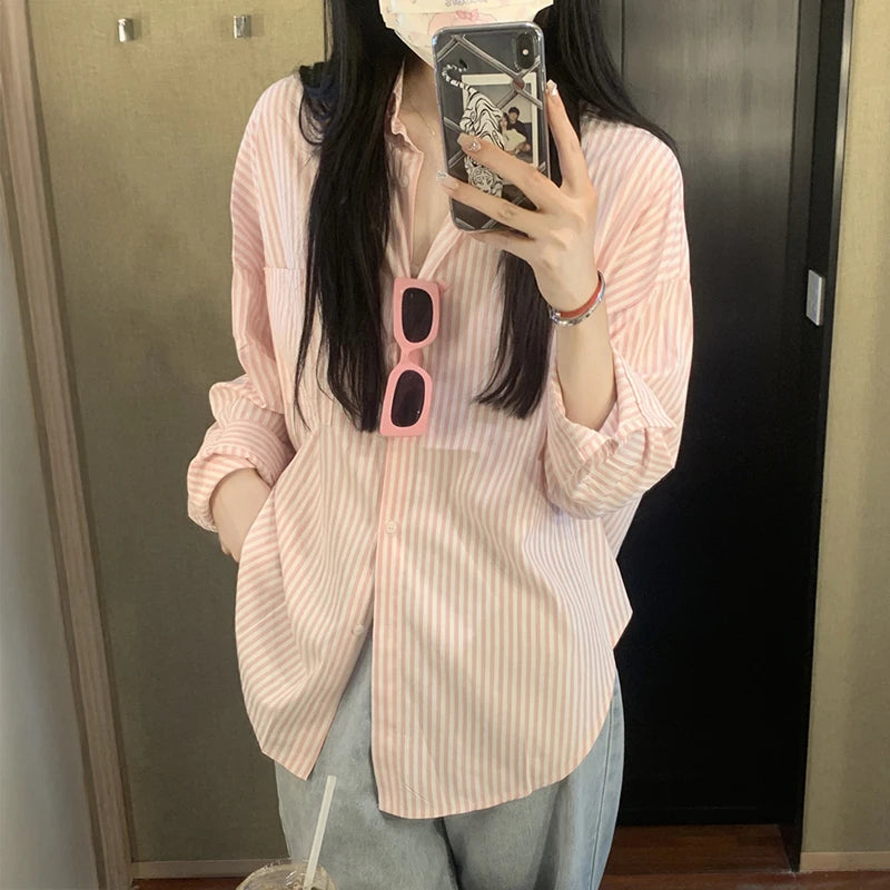 Women's Shirts Blouse Vertical Striped Long Sleeve Button Down