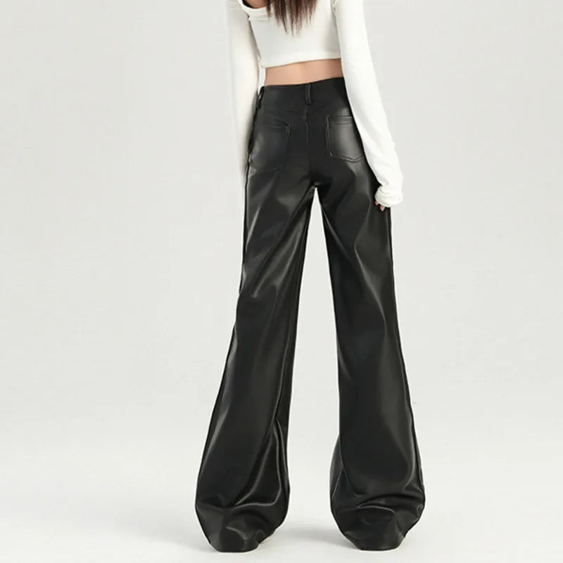 Women's Black Faux Leather Flare Pants Mid Waist PU Streetwear