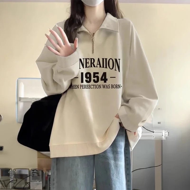 Women's Retro Polo Collar Half-Zip Loose Casual Sweatshirt