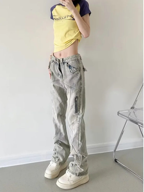 Yellow Zippered Straight Jeans Women’s High Street Flared Pants