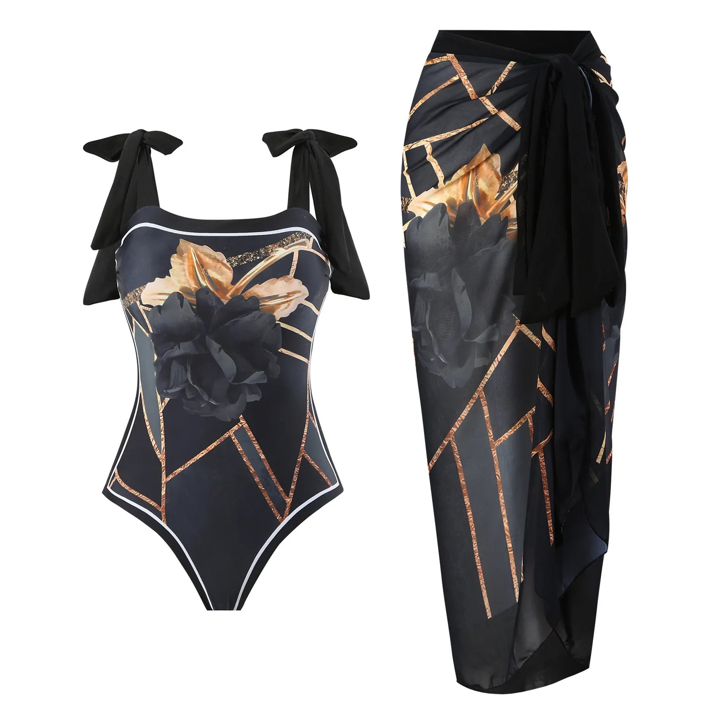 Black Print One Piece Swimsuit with Skirt 2025