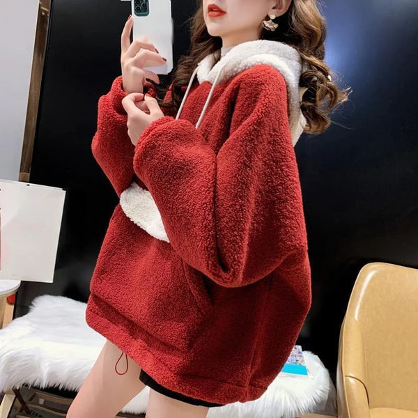 Womens Christmas Fleece Hoodie Big Pocket Patchwork Pullover Warm