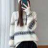 Womens Wool Sweater Jacquard Crew Neck Oversized Pullover