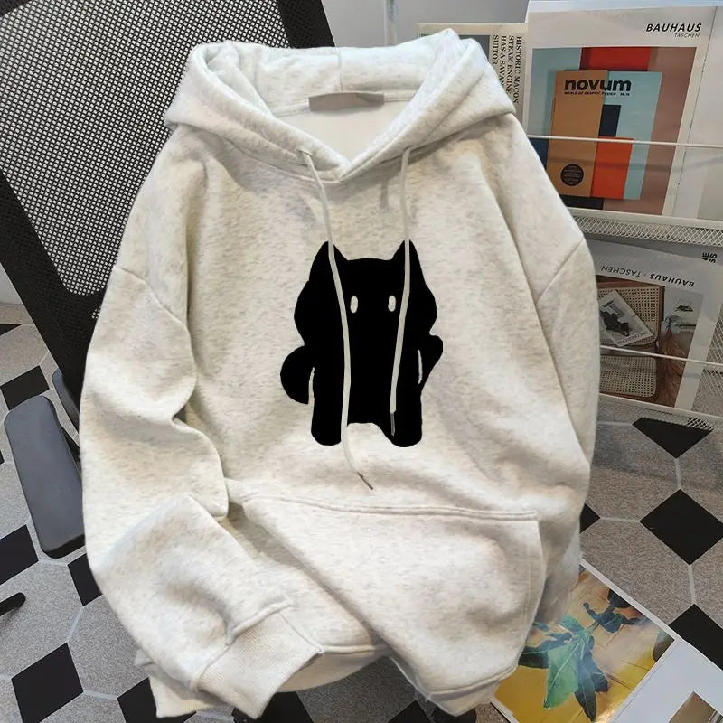 Women's Minimalist Black Cat Graphic Print Casual Hoodie