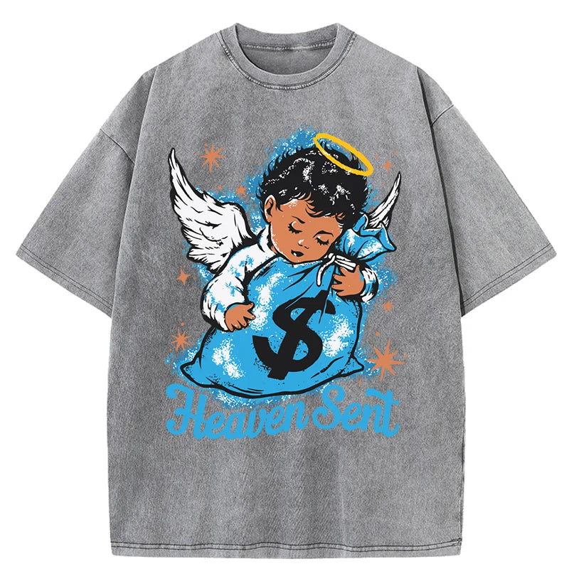 Angel Boy Money Print Washed Distressed T-shirt Summer Fashion Men