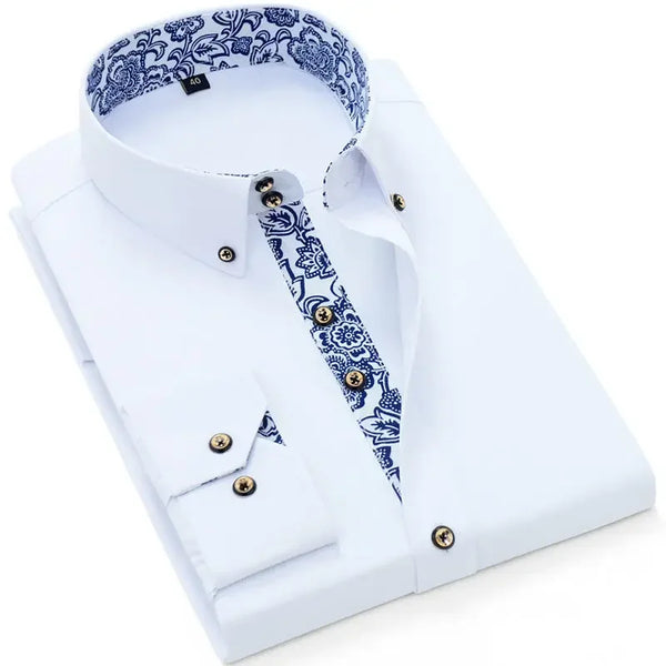 Men’s Blue-and-White Porcelain Cotton Shirt – Korean Fashion Long Sleeve Business Casual Dress Shirt