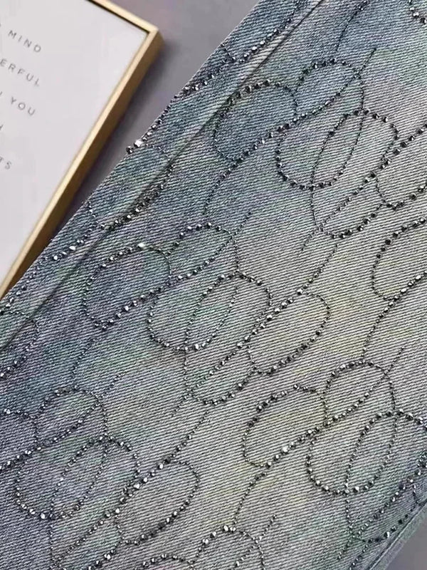 Women Jeans Shiny High Waist Loose Wide Leg Denim Pants Rhinestone Pants