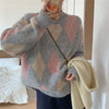 Womens Plaid Knit Cardigan Sweater Contrast Color Retro Warm Winter