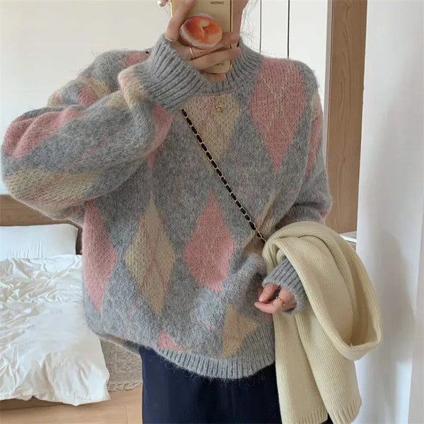 Womens Plaid Knit Cardigan Sweater Contrast Color Retro Warm Winter