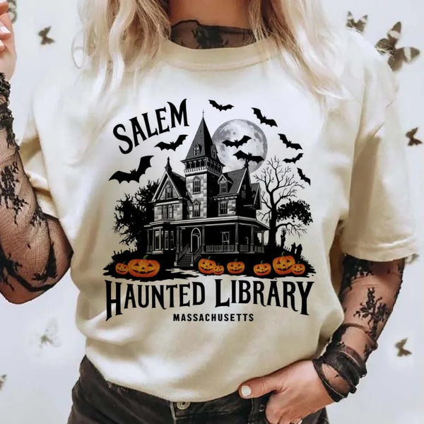Gothic Haunted Library Tee Vintage Salem Print Halloween Shirt