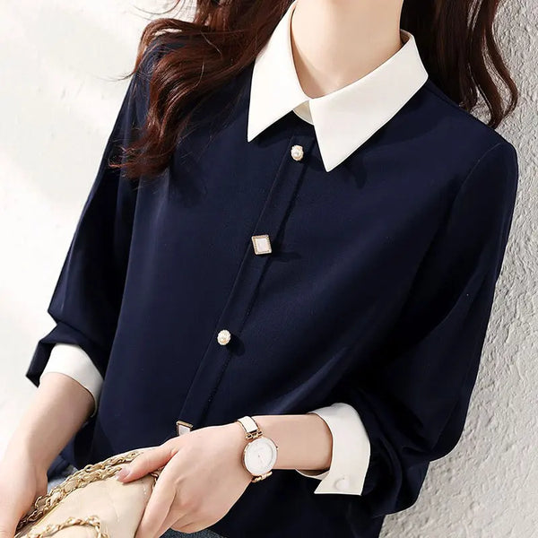 Womens Polo Collar Blouse Long Sleeve Button Patchwork Casual Top Slim