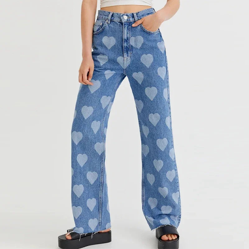 Vintage Heart Print Jeans High Waist Loose Straight Denim Pants