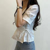 V Neck Lace Up Blouse Women Korean Slim Fit Office Summer Top