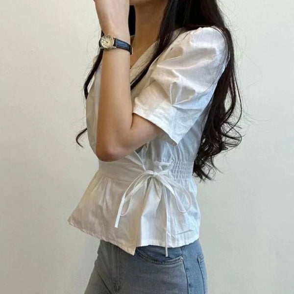 V Neck Lace Up Blouse Women Korean Slim Fit Office Summer Top