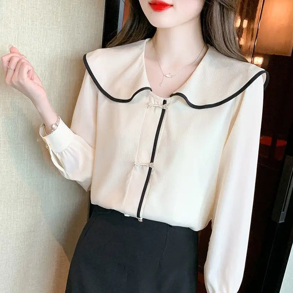 Womens French Chic Chiffon Blouse Long Sleeve Dressy Shirt Top