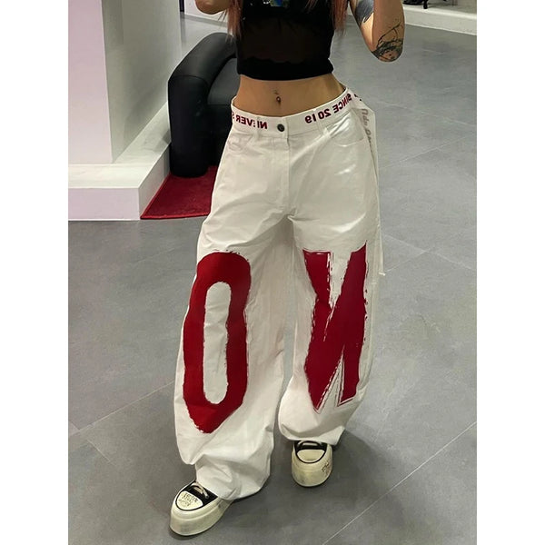 Women Y2K Baggy Jeans White Letter Print Oversized Hip Hop Denim