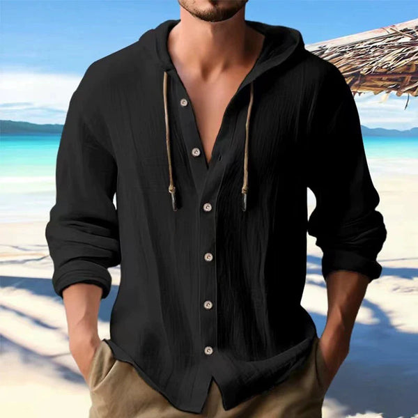 Men's Linen Hooded Shirt - Long Sleeve Button Cardigan Casual