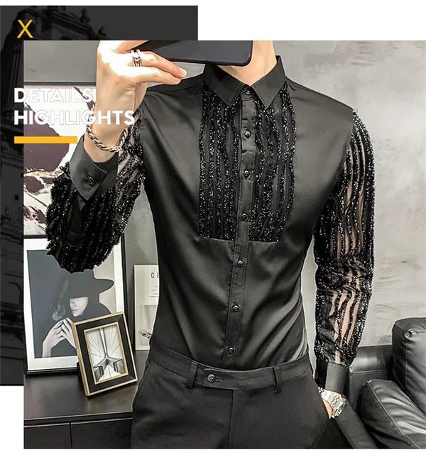 Mens Lace Hollow Shirt Long Sleeve Party Nightclub Stage Wear