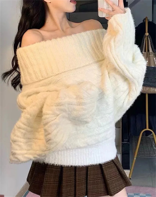 Women’s Off-Shoulder Knit Sweater – Loose Splice Pullover for Fall & Winter