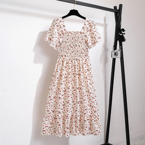 Spring Summer Chiffon Floral Midi Dress Women Elastic Waist Backless