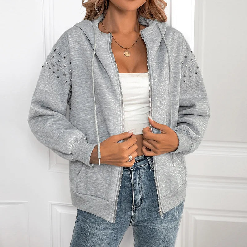 Women's Rivet Zipper Hoodie Coat Winter Fashion