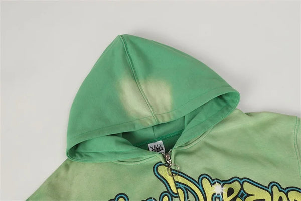 Washed Green Hoodie Unisex Zip Up Cartoon Print Sweatshirt Jacket