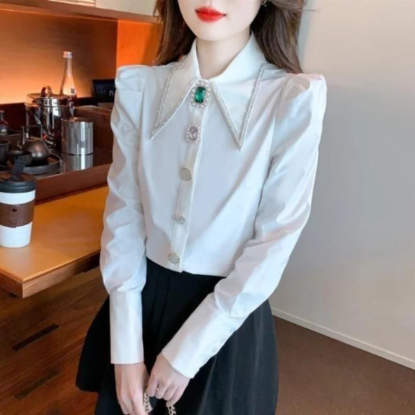 Polo Collar Shirt Women Diamond Button Long Sleeve Elegant Top