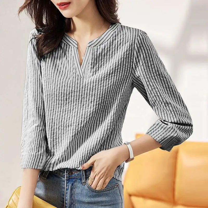 Women Elegant Summer Striped Shirt Autumn V Neck 3/4 Sleeve Blouse