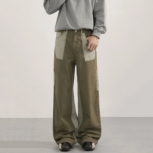 Mens Vintage Cargo Pants Contrast Patchwork Washed Straight Leg Fit