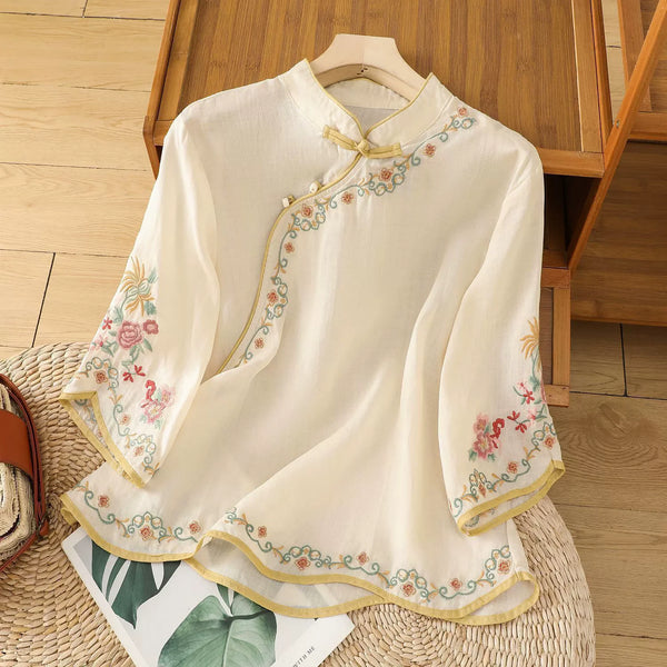 Womens Vintage Embroidered Top Cotton Linen Loose Summer Shirt