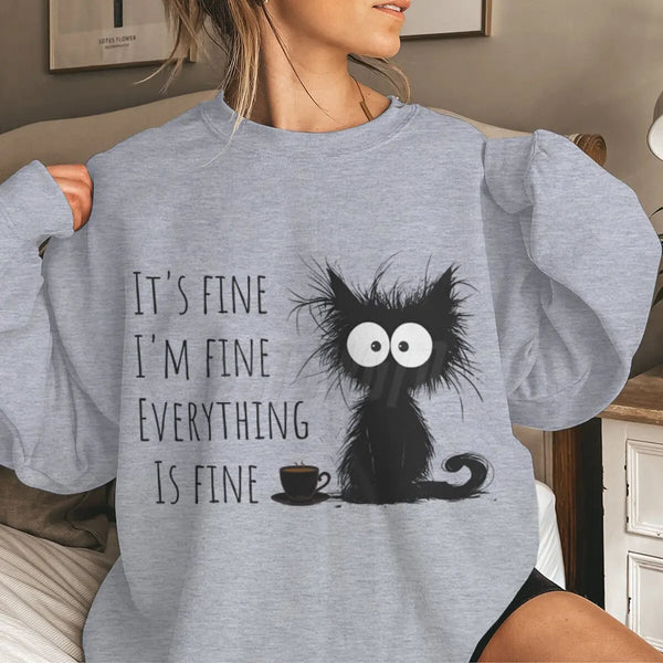 Funny Black Cat Hoodie ‘It’s Fine I’m Fine’ Kawaii Sweatshirt for Women