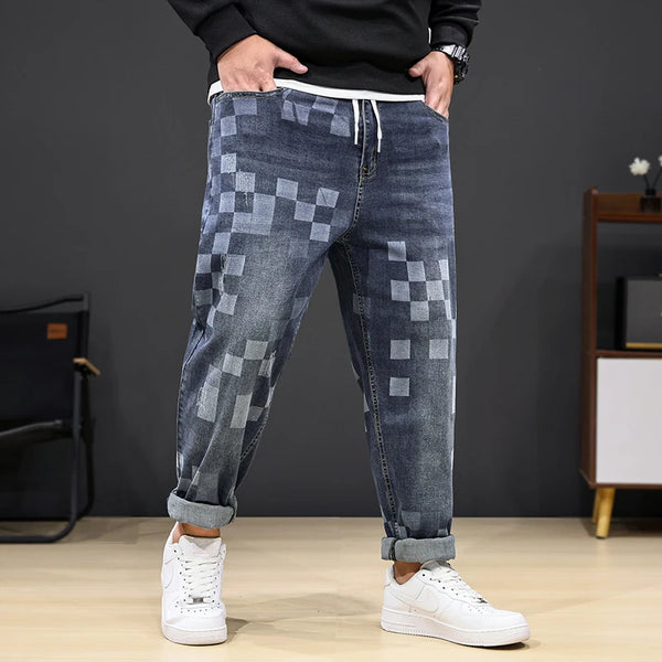 8XL Mosaic Print Oversized Jeans Men’s Loose Denim