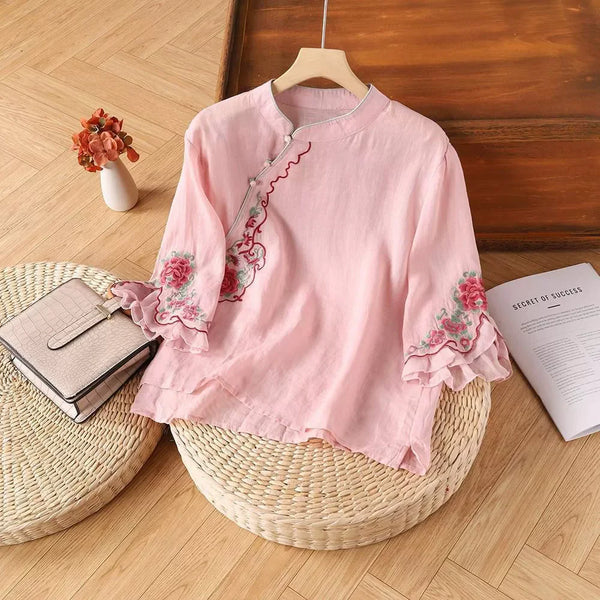 Womens Vintage Embroidered Top Cotton Linen Loose Summer Shirt