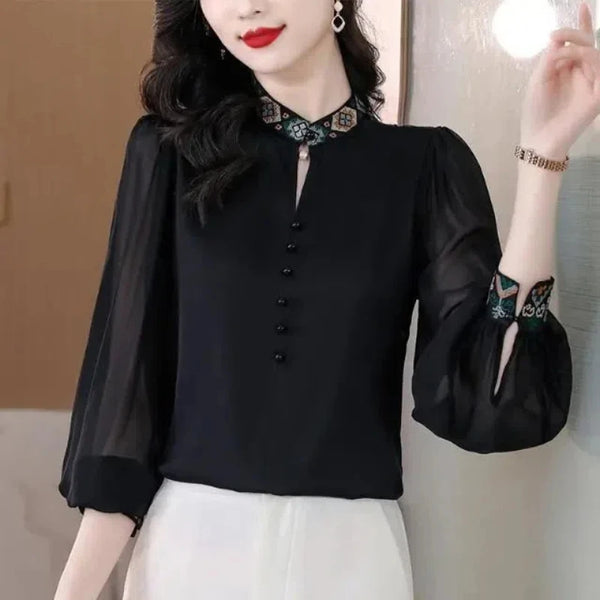 Embroidered Chiffon Blouse Stand Collar Elegant Spring Top