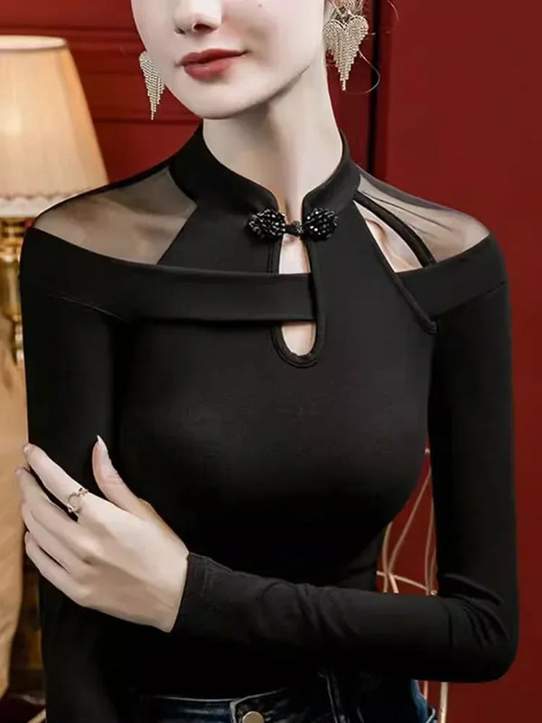 Vintage Mesh Shirt Women Long Sleeve Asymmetric Qipao Style Top