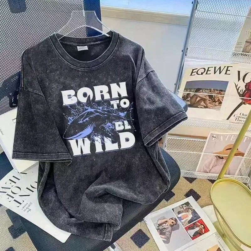 American Retro Wash T-Shirt Men's Summer Loose High Street Fashion