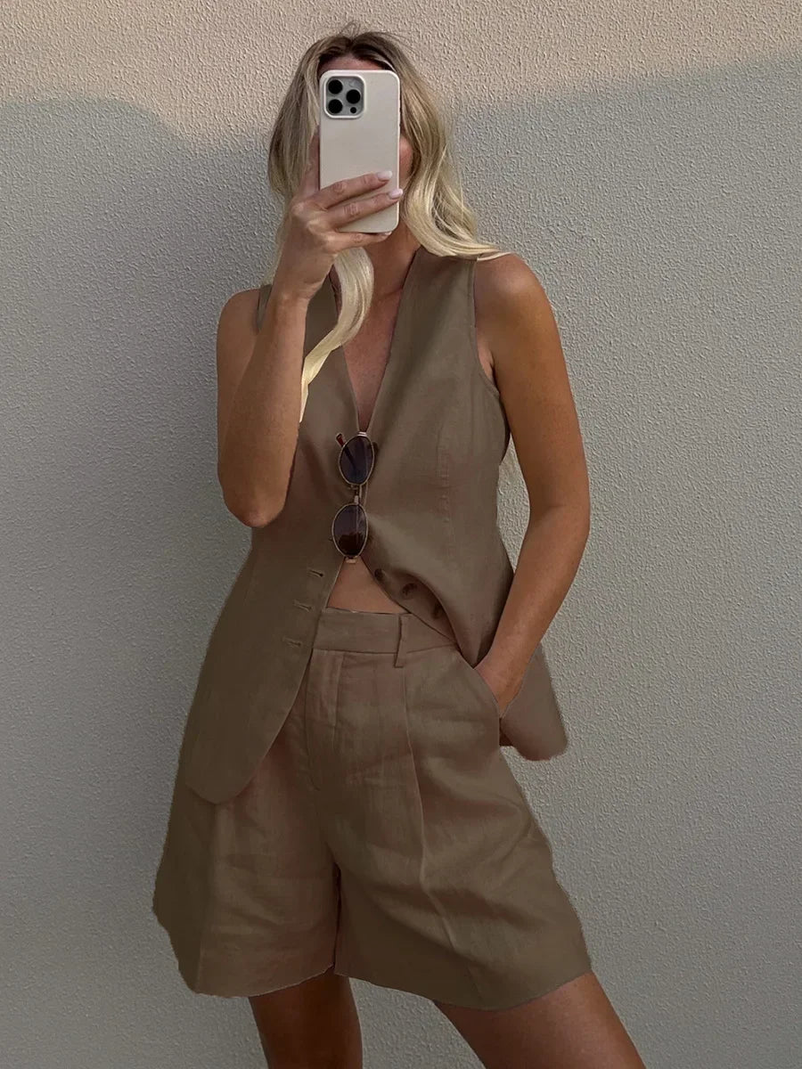 Wolfeel Cotton linen Chic Casual Vest Shorts Set Commuter Sleeveless