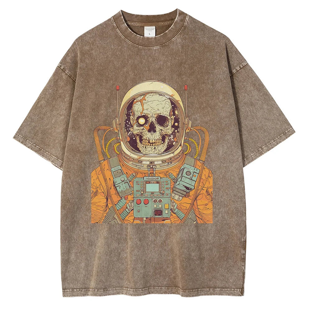 1970s Astronaut Skull Graphic T-shirt Retro Sci-Fi Print Casual Top