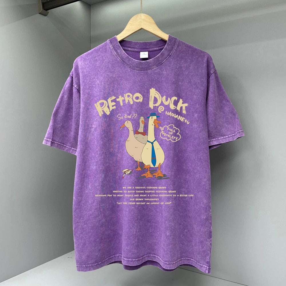 Three Ducks Retro Cartoon T-shirt for Men Summer Washed