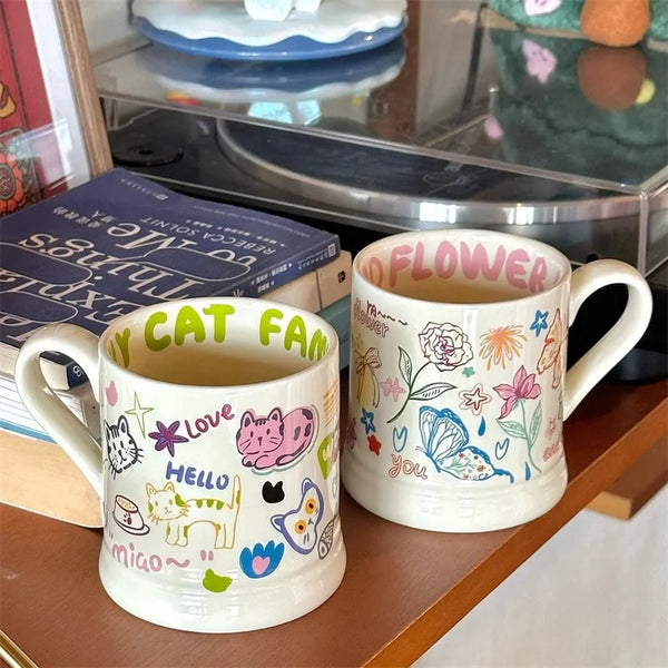 French Style Ceramic Mug Butterfly Cat Print Coffee Tea Cup Cute
