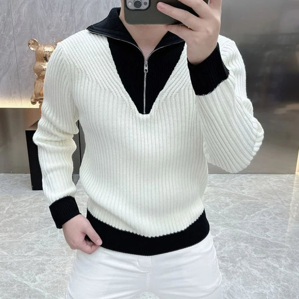 Men Color Block Quarter Zip Sweater Slim Fit Business Polo Pullover