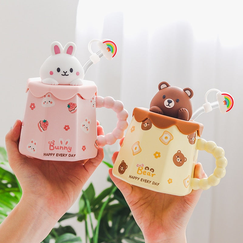 Cartoon Ceramic Mug With Lid and Spoon Creative Cute